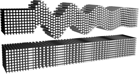 There are two representations of types of waves. The top image shows a series of blocks that appear to be moving up and down creating a sine wave curve, or transverse wave. The bottom image shows a series of blocks that appear to be moving left and right, showing a compressional wave where alternating sections are bunched up or spread out.